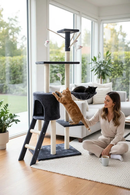 Cat Scratching Tree with Tower, Cozy House, Hammock, and Toys – Durable Sisal Posts for Nail Care, Compact Multi-use Design for Cats, Easy Assembly by Cottecota