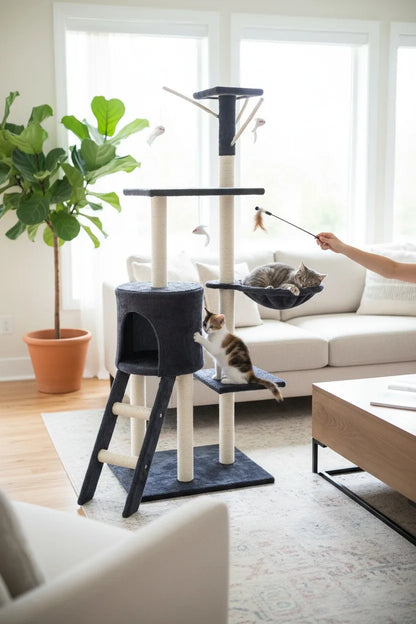Cat Scratching Tree with Tower, Cozy House, Hammock, and Toys – Durable Sisal Posts for Nail Care, Compact Multi-use Design for Cats, Easy Assembly by Cottecota