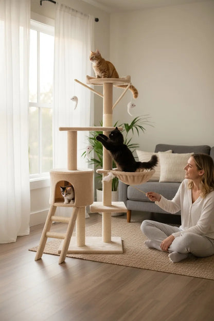 Cat Scratching Tree with Tower, Cozy House, Hammock, and Toys – Durable Sisal Posts for Nail Care, Compact Multi-use Design for Cats, Easy Assembly by Cottecota