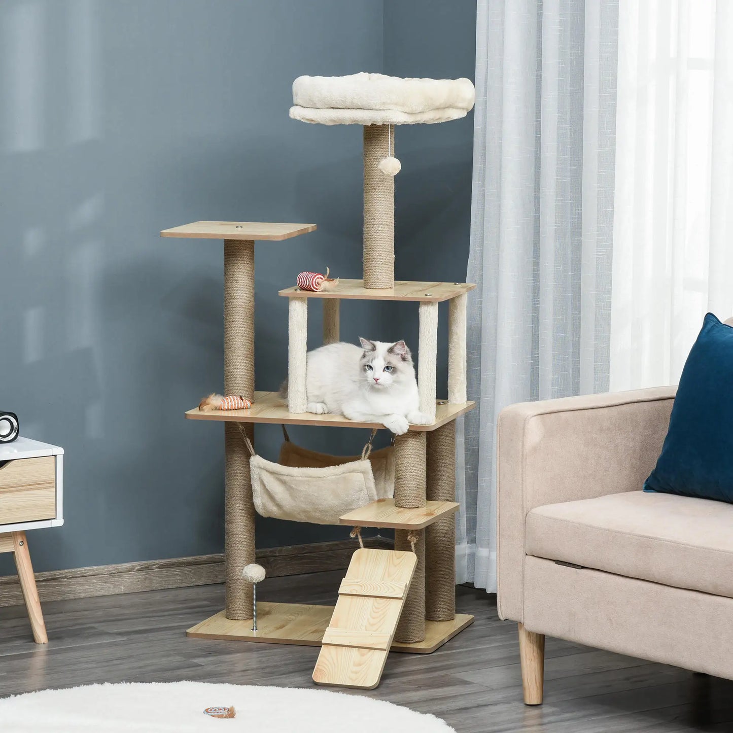 Pawhut Cat Scratching Tree with Platforms Hammock Ladder Cave 60X40X130