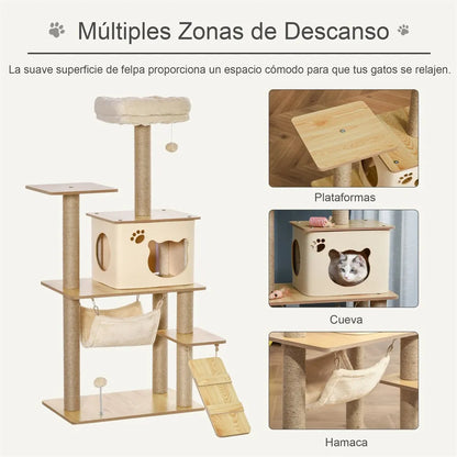 Pawhut Cat Scratching Tree with Platforms Hammock Ladder Cave 60X40X130