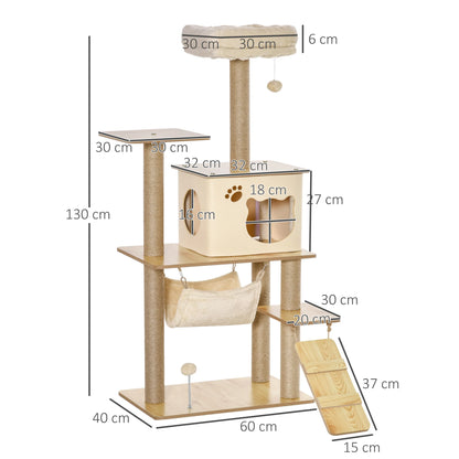 Pawhut Cat Scratching Tree with Platforms Hammock Ladder Cave 60X40X130