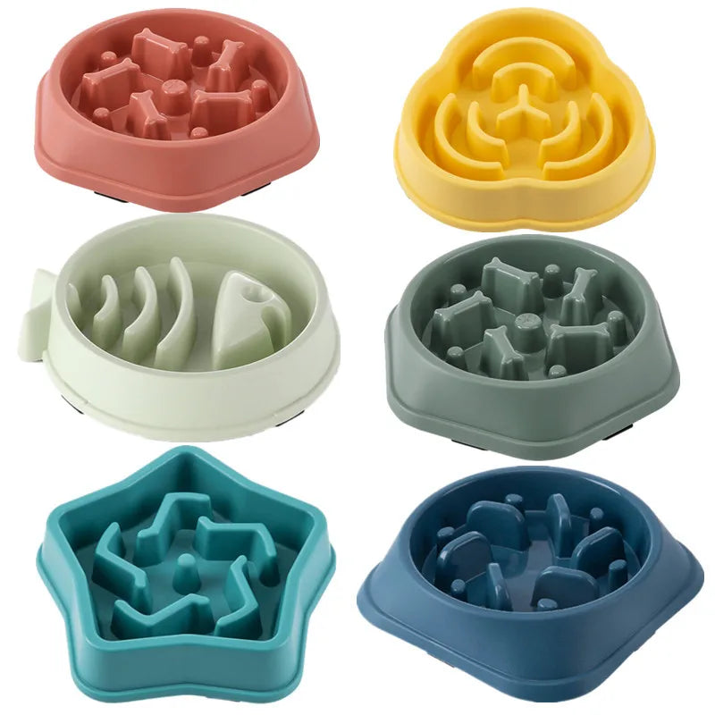 Pet Cat Dog Slow Feeder Bowl: Helps Fat Pets Eat Healthily. Round, Anti-Choking, Thickened, Non-Slip. Multiple Colors & Shapes.